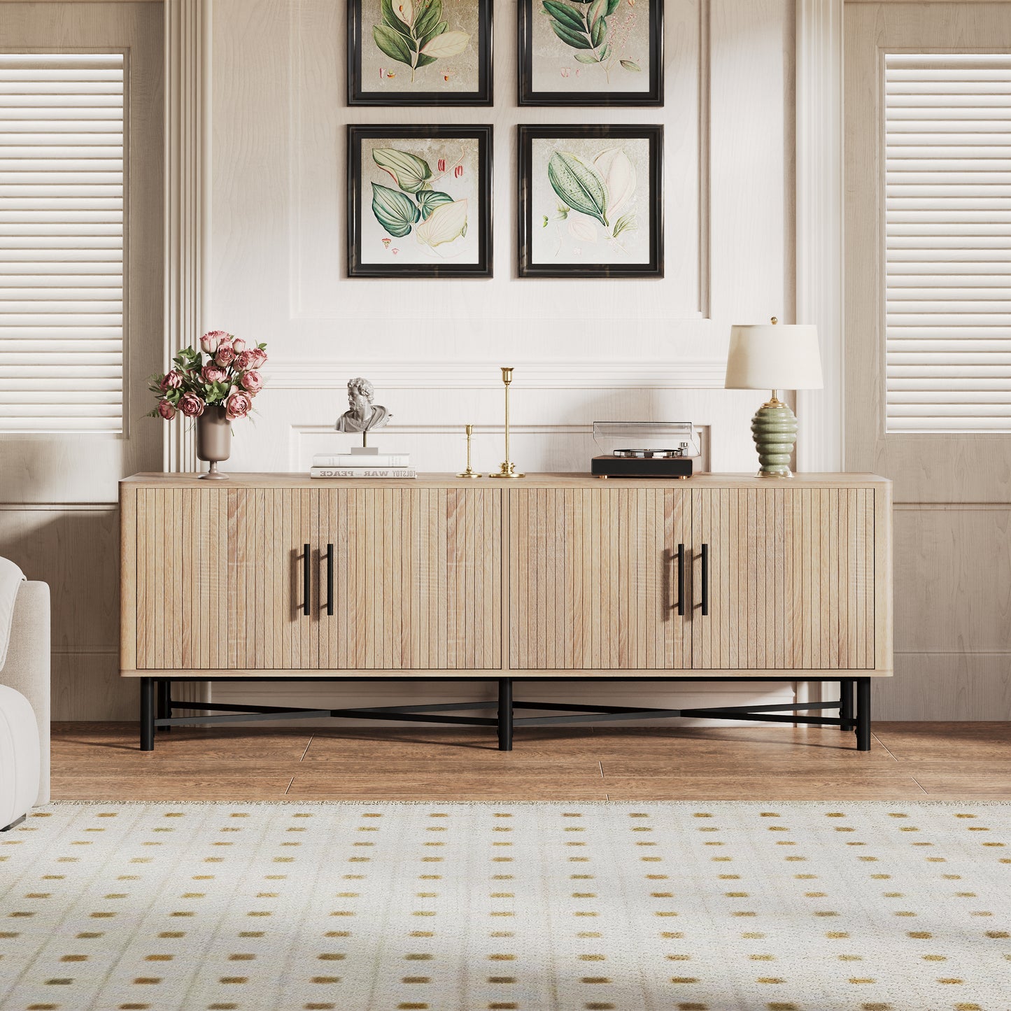 66W TV Stand with 4 Doors, 2 Adjustable Shelves, Cable Management, Living Room Console Natural