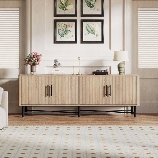 66W TV Stand with 4 Doors, 2 Adjustable Shelves, Cable Management, Living Room Console Natural