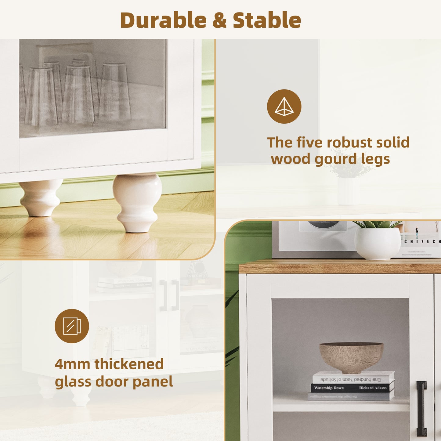 ON-TREND Farmhouse TV Stand with Tempered Glass Doors for TVs Up to 70", Versatile Sideboard with Adjustable Shelves, Elegant Buffet Cabinet with 5 Solid Wood Gourd-Shaped Legs for Living Room, White