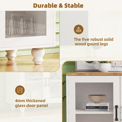 ON-TREND Farmhouse TV Stand with Tempered Glass Doors for TVs Up to 70", Versatile Sideboard with Adjustable Shelves, Elegant Buffet Cabinet with 5 Solid Wood Gourd-Shaped Legs for Living Room, White