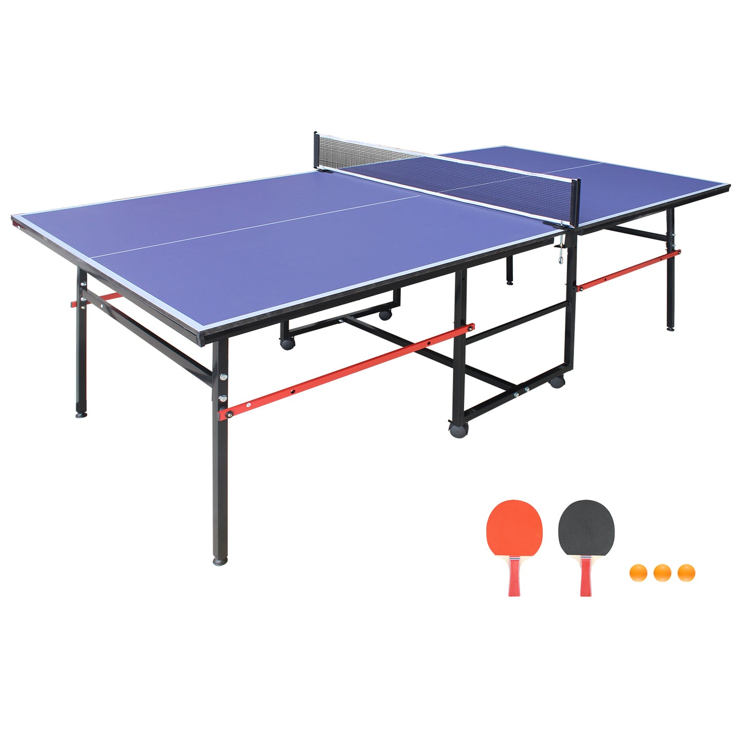 8ft Foldable Mid-Size Table Tennis Table Set for Indoor/Outdoor Use with Net, 2 Paddles, 3 Balls – Portable Blue