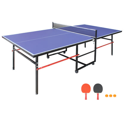 8ft Foldable Mid-Size Table Tennis Table Set for Indoor/Outdoor Use with Net, 2 Paddles, 3 Balls – Portable Blue