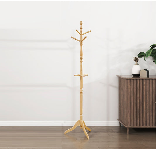 Solid Wood Coat Rack, 3-Tier, 10 Hooks, 72-In Tall, 17.5 x 17.5 in Base Natural Finish