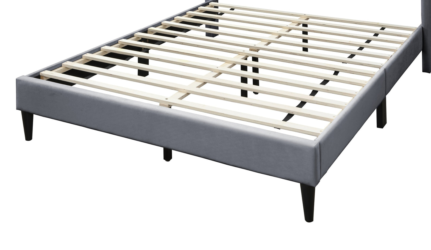 Stylish Gray Velvet Queen Bed Frame with Geometric Headboard – Modern Upholstered Design