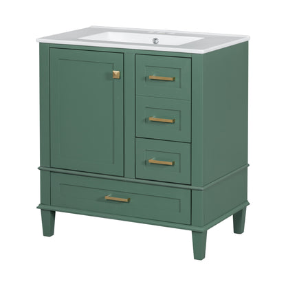 30" Stylish Green Bathroom Vanity with Soft-Close Doors and Sink Combo, Modern Cabinet Featuring 3 Spacious Drawers and Solid Wood Frame