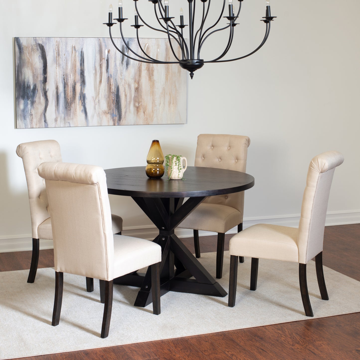 Round Cross Buck Dining Table With Four Modern Chairs Set