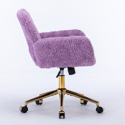 Violet Velvet Office Chair with Golden Base, Adjustable Swivel Design, Plush Artificial Alpaca Wool Upholstery, Ideal for Home and Vanity Use