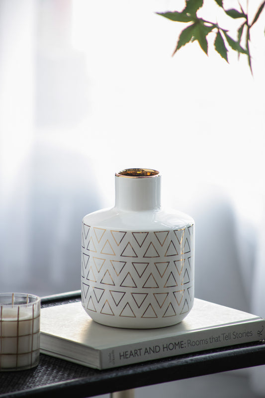 Ceramic Round Vase, 5.9in Dia x 7.9in H, Narrow Neck, Geometric Pattern, White with Gold