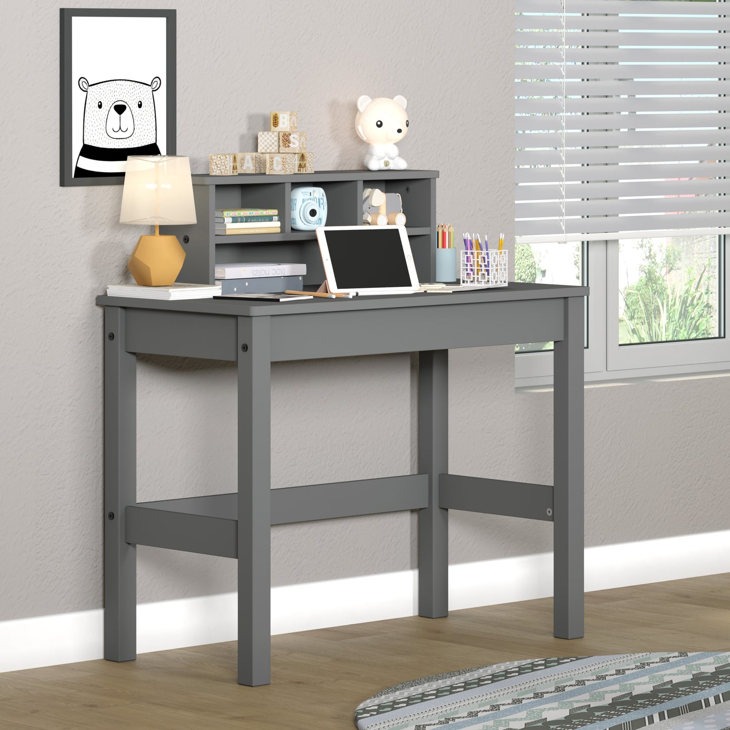 Sleek Gray Wood Writing Desk with Hutch and Cable Management