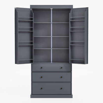 Tall Gray Farmhouse Kitchen Pantry Cabinet with Adjustable Shelves, Drawers, and Door Storage Solutions