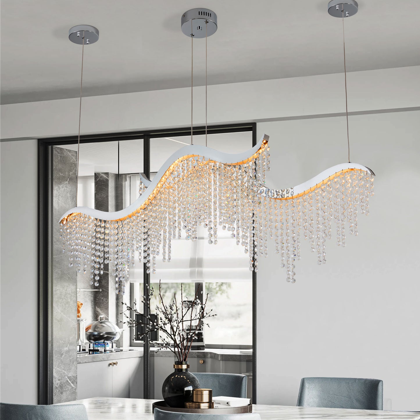 36.2-Inch Dangling Wave Crystal Chandelier, Stainless Steel Frame, LED, 110V, Adjustable Height Chrome