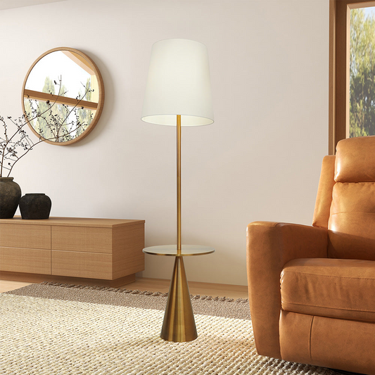 Modern Floor Lamp with Built-In Side Table and Linen Shade, 70-Inch Tall, Great for Living Room, Brass