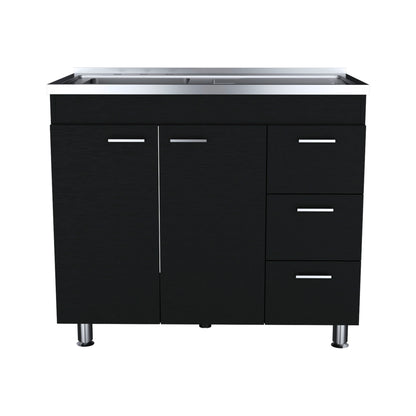 Modern Black Utility Sink with Three Drawers and Double Door Cabinet