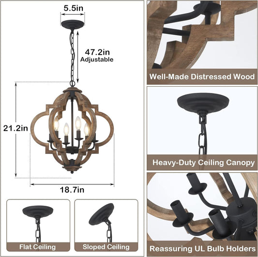 6-Light Farmhouse Chandelier for Dining Room & Kitchen - Rustic Wood and Metal Boho Pendant Light, Black