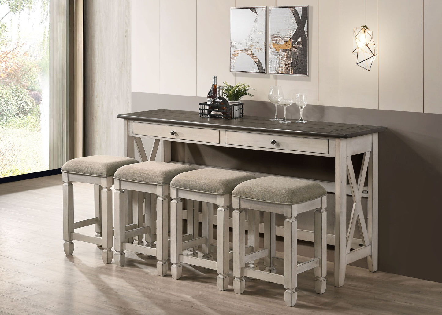 72-Inch Console Table with 4 Stools, Solid Wood + MDF, Entryway, Rustic Farmhouse Style Antique White