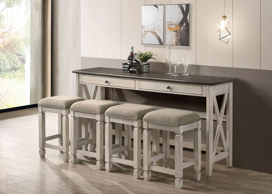 72-Inch Console Table with 4 Stools, Solid Wood + MDF, Entryway, Rustic Farmhouse Style Antique White