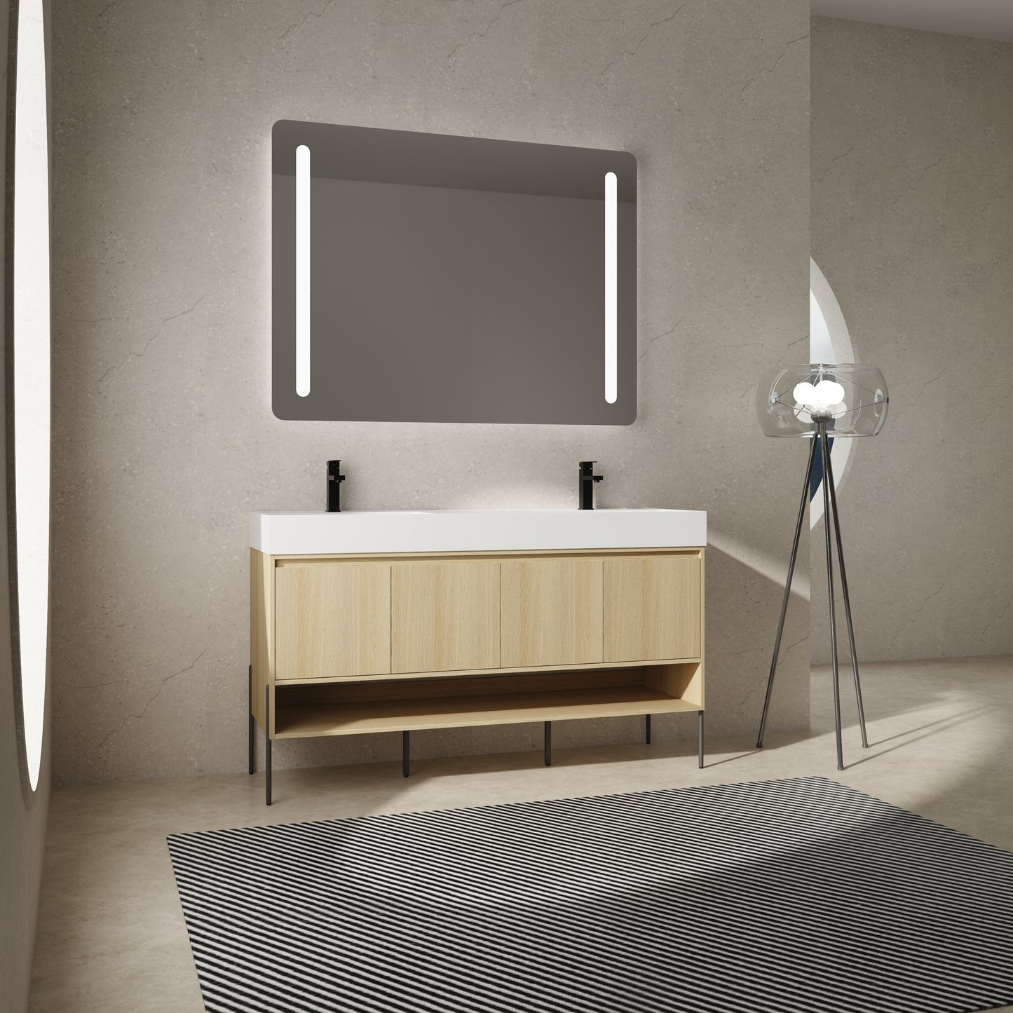 60-Inch Modern Oak Bathroom Vanity Set with Single Resin Sink and 4-Door Storage Cabinet