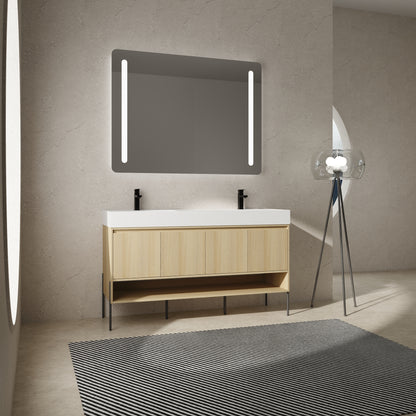 60-Inch Modern Oak Bathroom Vanity Set with Single Resin Sink and 4-Door Storage Cabinet