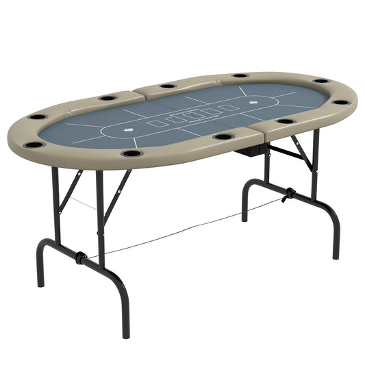 70-Inch Folding Oval Poker Table for 10 with Cup Holders, Felt Surface, Portable Padded, Blue and Brown