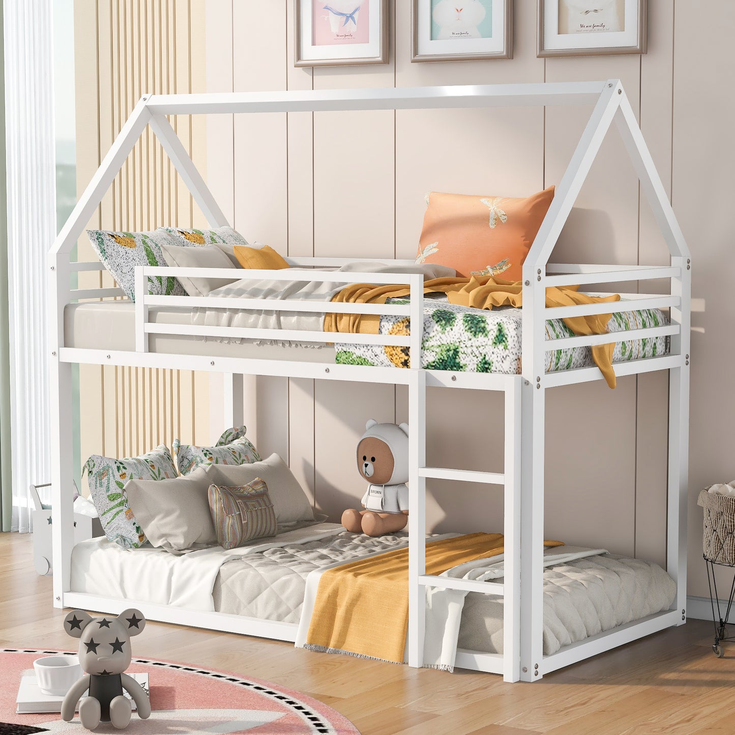 Whimsical Twin House Bunk Bed with Slide and Built-in Ladder in White