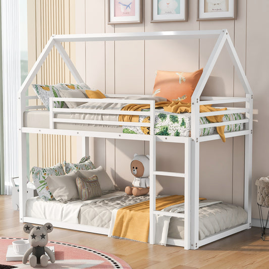 Whimsical Twin House Bunk Bed with Slide and Built-in Ladder in White