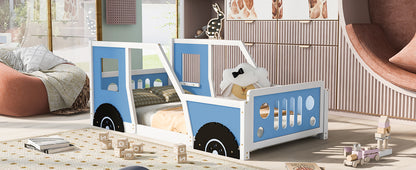 Blue Twin Size Car-Themed Platform Bed with Wheels