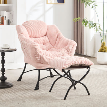 Modern Lounge Chair with Ottoman and Side Pocket, Ergonomic Upholstered Reading Chair for Small Rooms Pink