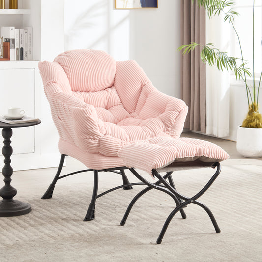 Modern Lounge Chair with Ottoman and Side Pocket, Ergonomic Upholstered Reading Chair for Small Rooms Pink