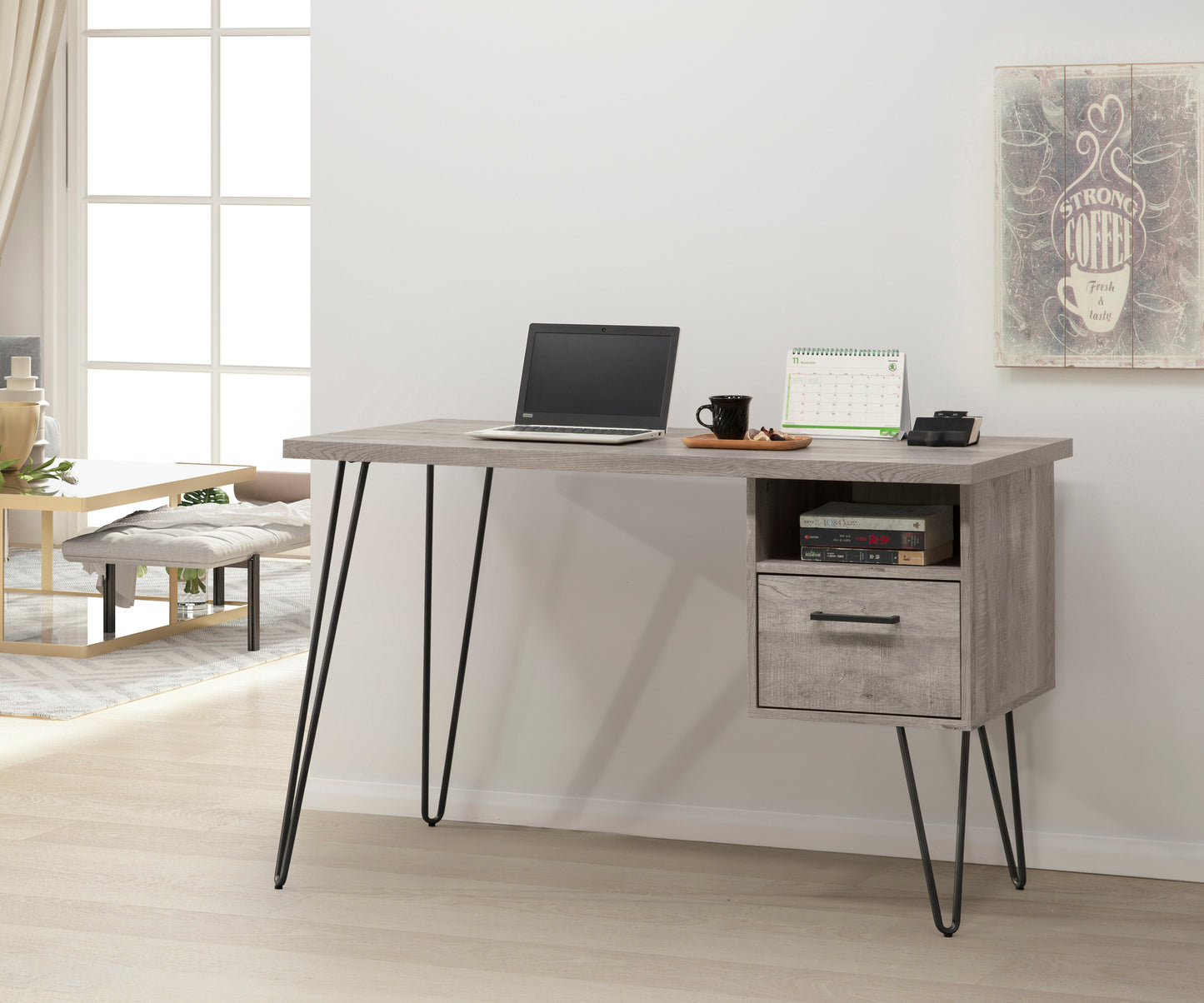 Modern Grey Oak Writing Desk with Storage Solutions