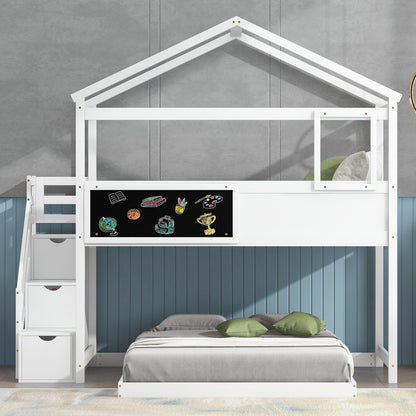 Whimsical Twin over Full House Bunk Bed with Storage Steps and Blackboard, White