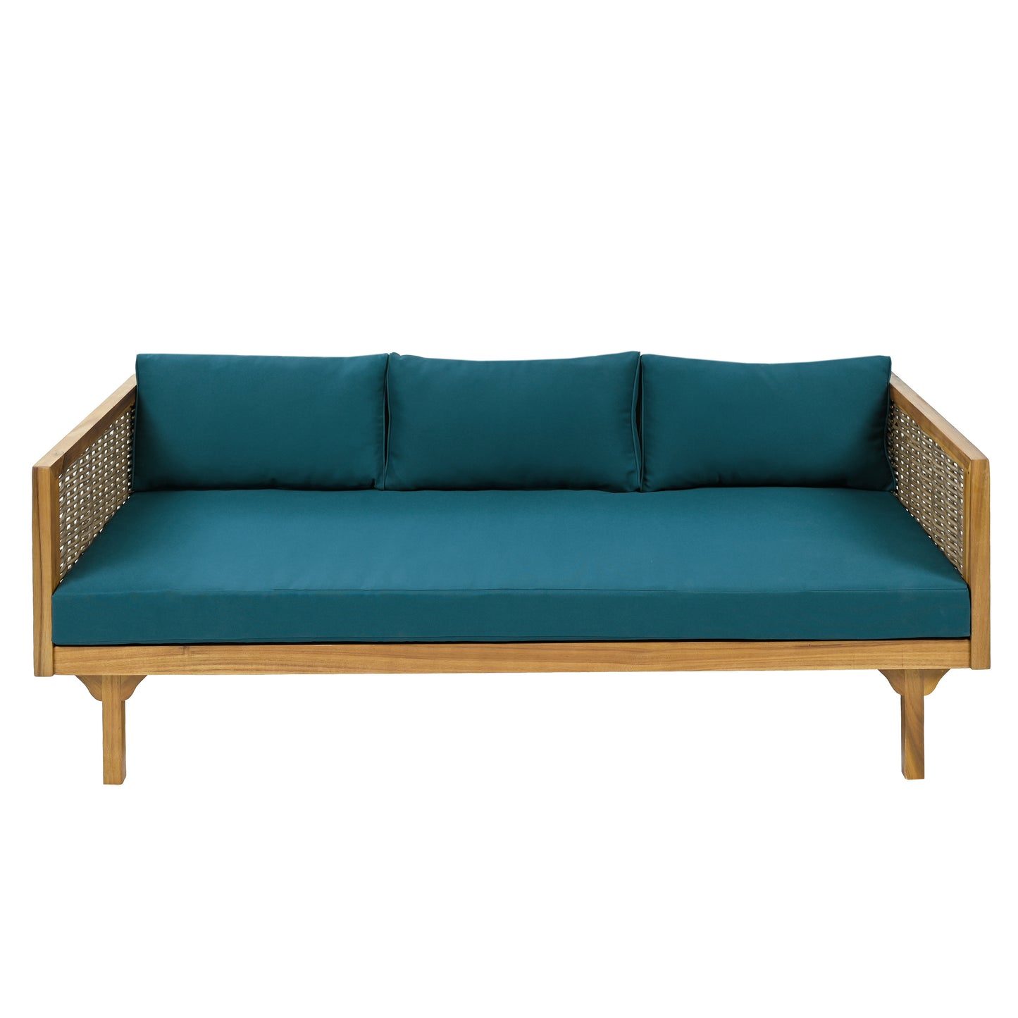 Three Seater Daybed With Rattan Armrests And Acacia Wood Frame For Living Room Or Sunroom, 67.5 Inch Length, Teak Finish