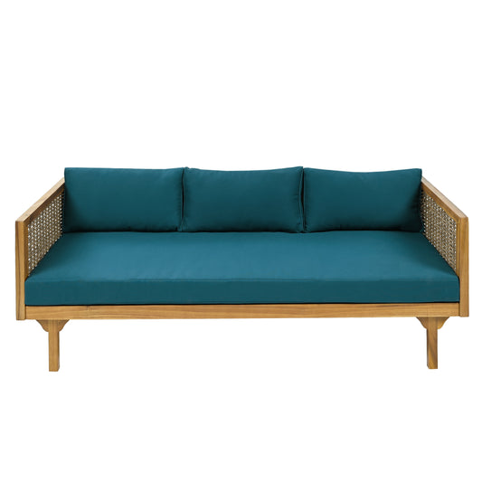 Three Seater Daybed With Rattan Armrests And Acacia Wood Frame For Living Room Or Sunroom, 67.5 Inch Length, Teak Finish