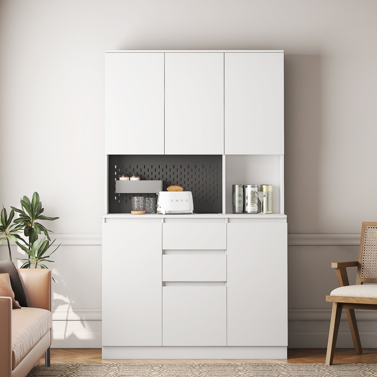 Modern 74" White Kitchen Pantry Cabinet with Charging Station and Microwave Stand - Versatile Buffet Sideboard with Storage Drawers for Dining Room and Living Room