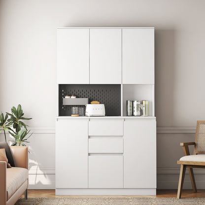 Modern 74" White Kitchen Pantry Cabinet with Charging Station and Microwave Stand - Versatile Buffet Sideboard with Storage Drawers for Dining Room and Living Room