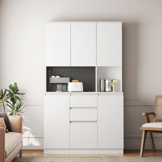 Modern 74" White Kitchen Pantry Cabinet with Charging Station and Microwave Stand - Versatile Buffet Sideboard with Storage Drawers for Dining Room and Living Room