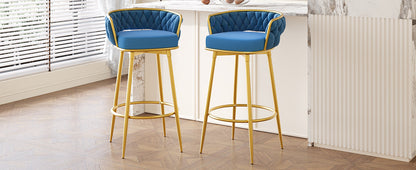 Swivel Counter Height Bar Stools Set of 2 Blue Gold Legs