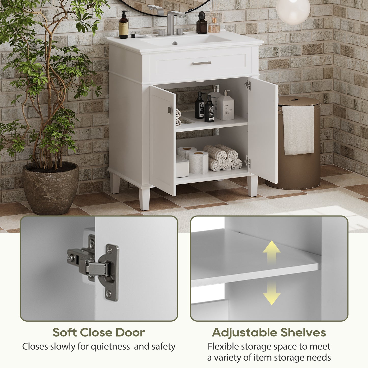 Stylish 30-Inch Bathroom Vanity with Elegant Ceramic Sink, Soft Close Doors, and Adjustable Storage Shelves