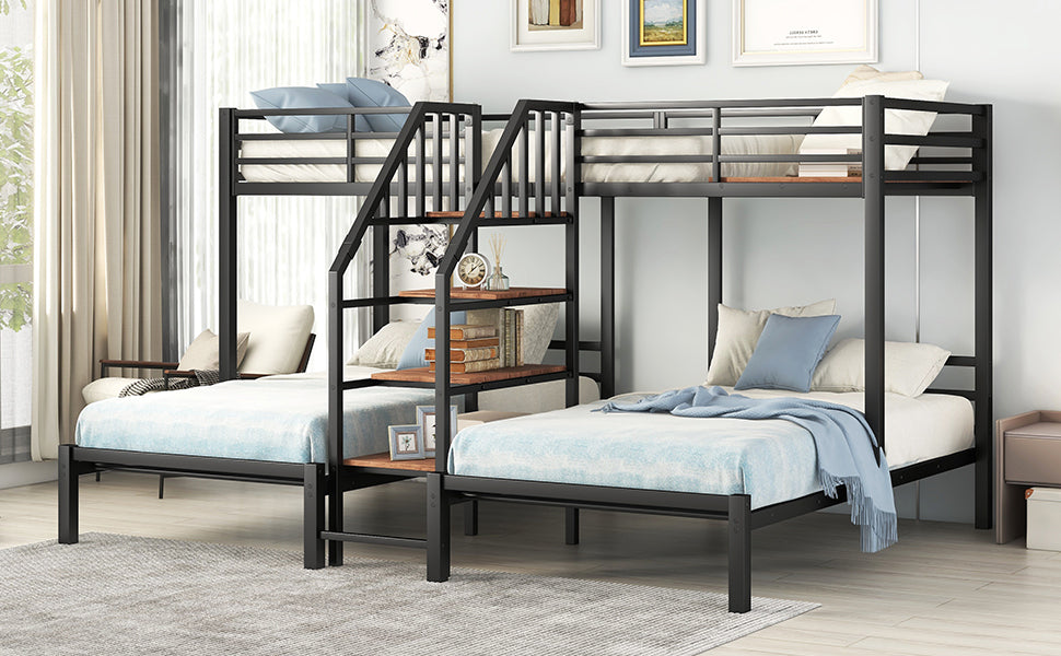 Black Metal Triple Bunk Bed with Storage Shelves and Staircase - Twin Over Twin Configuration