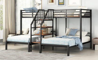 Black Metal Triple Bunk Bed with Storage Shelves and Staircase - Twin Over Twin Configuration