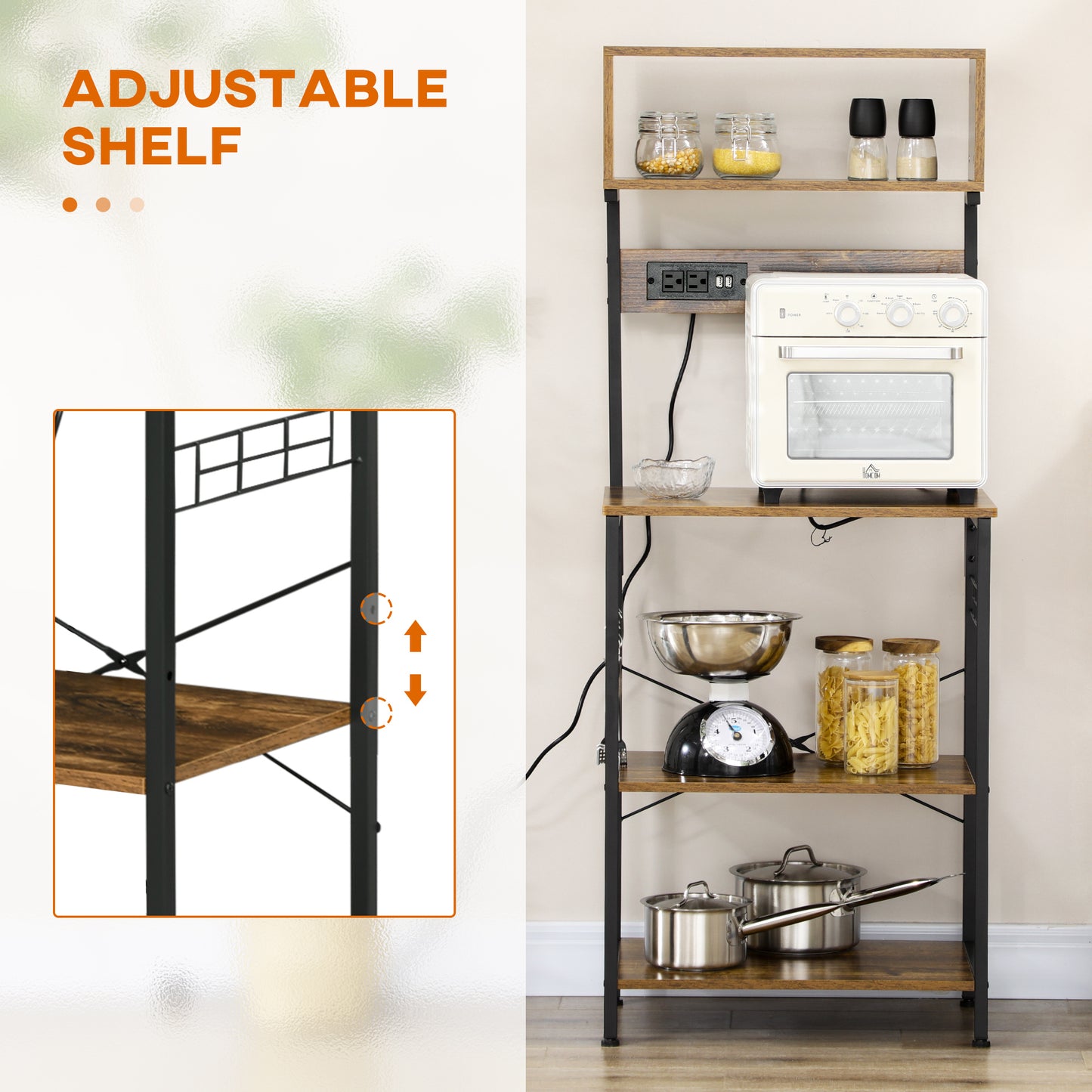 Rustic Brown Kitchen Bakers Rack with Power Outlet, USB Charging, Adjustable Shelves, and Coffee Bar Functionality