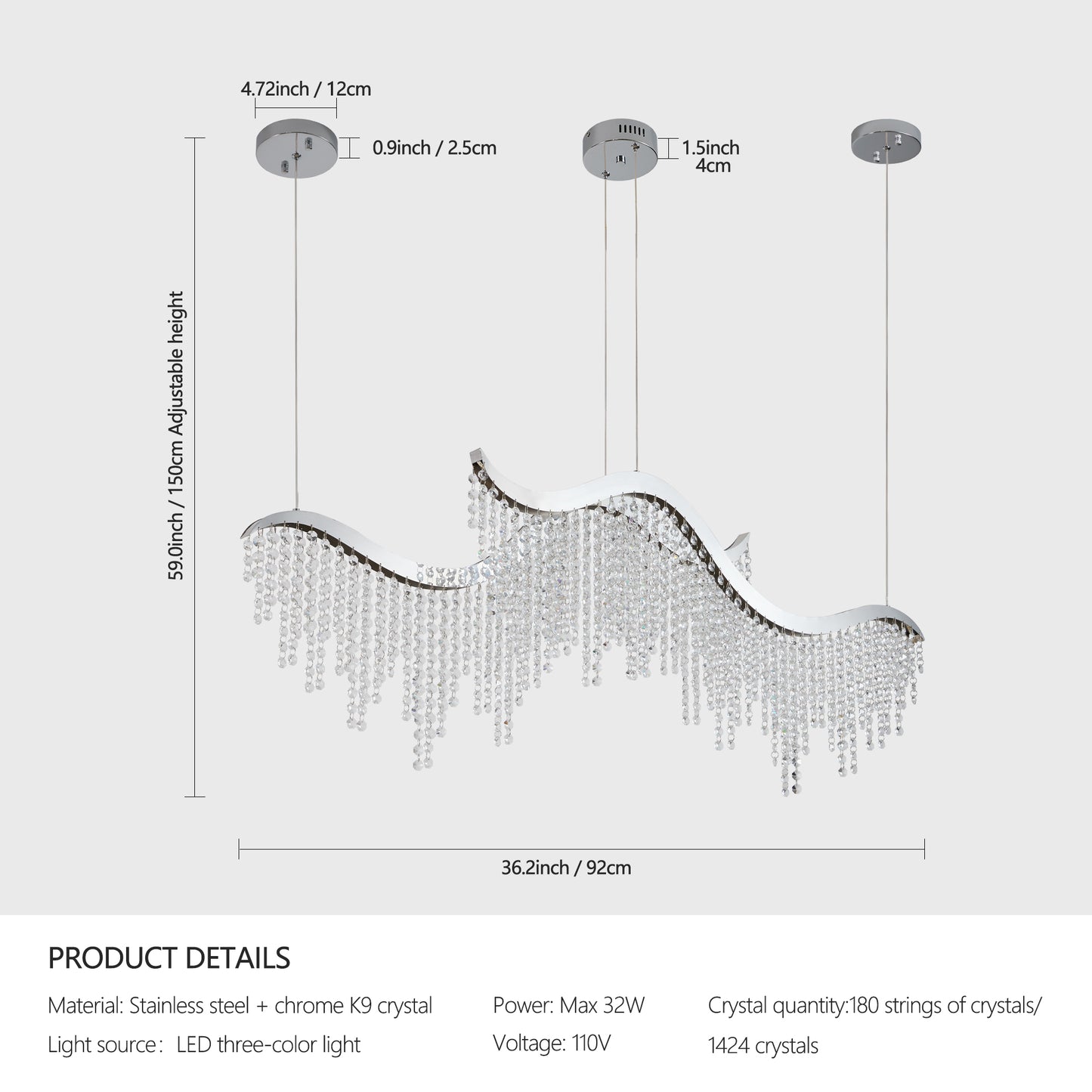 36.2-Inch Dangling Wave Crystal Chandelier, Stainless Steel Frame, LED, 110V, Adjustable Height Chrome