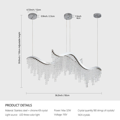 36.2-Inch Dangling Wave Crystal Chandelier, Stainless Steel Frame, LED, 110V, Adjustable Height Chrome