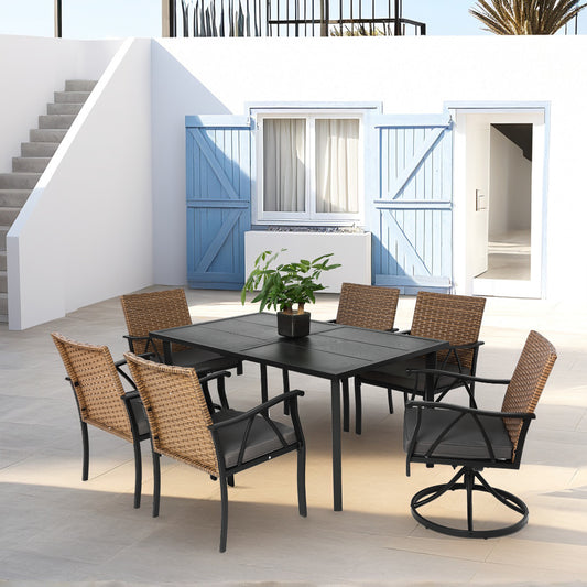 7-Piece Outdoor Patio Dining Set with Wicker & Steel, 6 Cushioned Chairs + Table, Poolside Brown/Gray