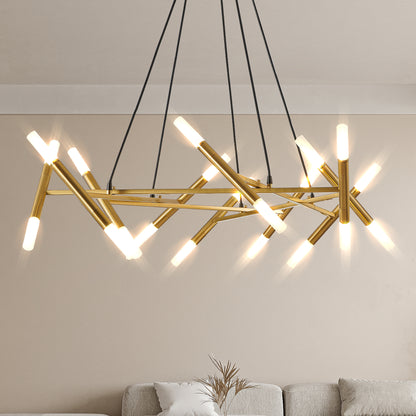 Branch-Design Pendant Chandelier with Frosted Tubes, Adjustable Height Dining/Living, Hard-Wired, Gold