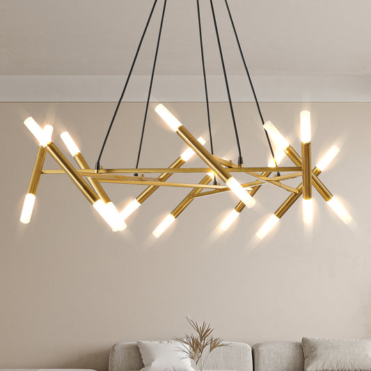 Branch-Design Pendant Chandelier with Frosted Tubes, Adjustable Height Dining/Living, Hard-Wired, Gold