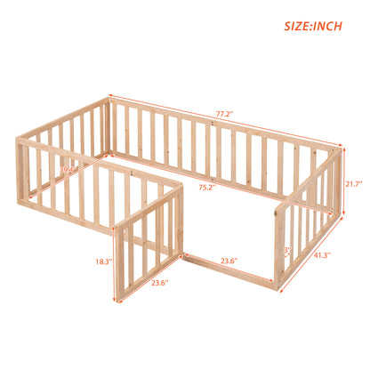 Natural Twin Size Wooden Floor Bed Frame with Playful Fence and Door