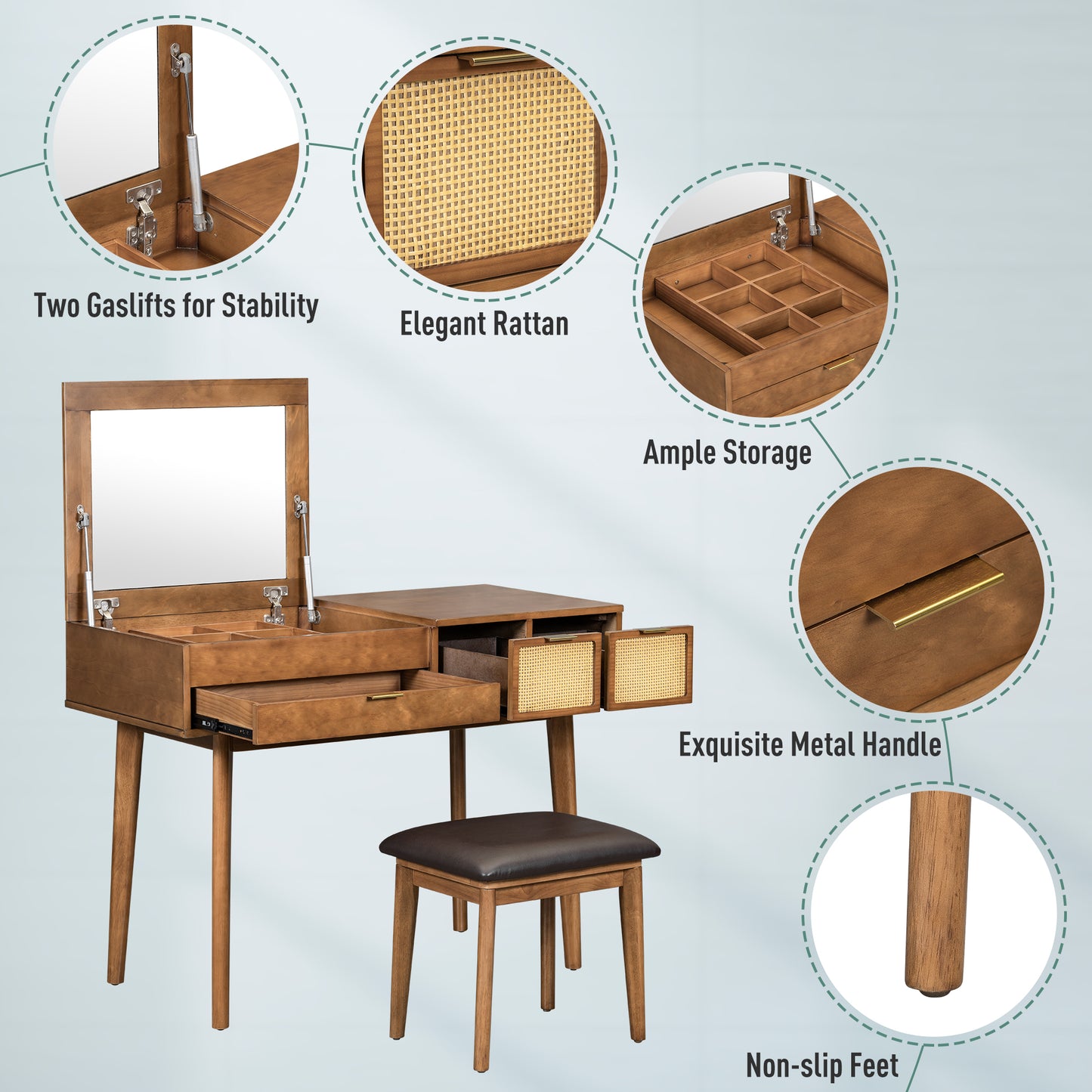 43.3-Inch Classic Wood Vanity Set with Flip-Top Mirror, Stool, 3 Drawers for Dressing Table Bedroom Brown