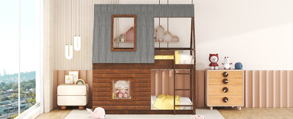 Charming Oak & Smoky Grey Twin Size House Bunk Bed with Roof, Ladder, and Two Windows