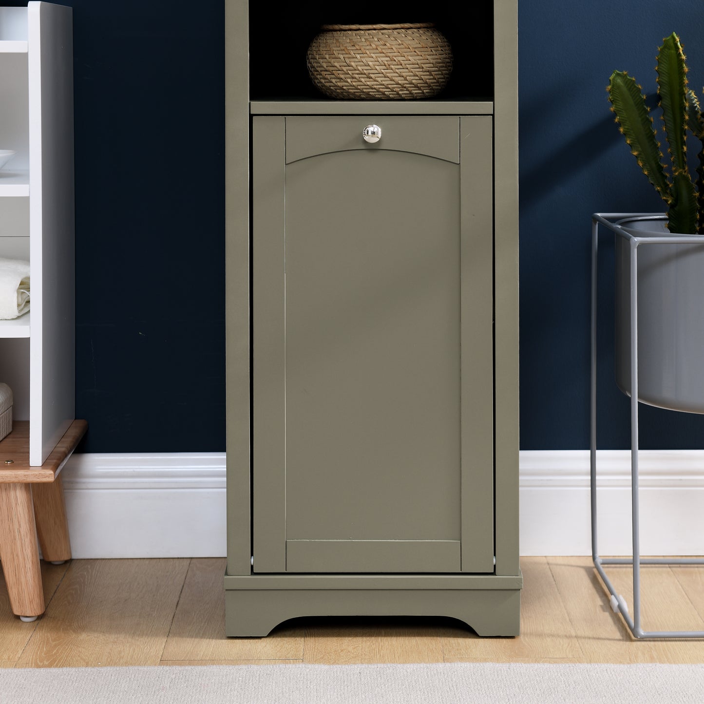 64-Inch Slim Bathroom Storage Cabinet with Adjustable Shelves and Hidden Laundry Hamper, Grey Finish for Small Spaces