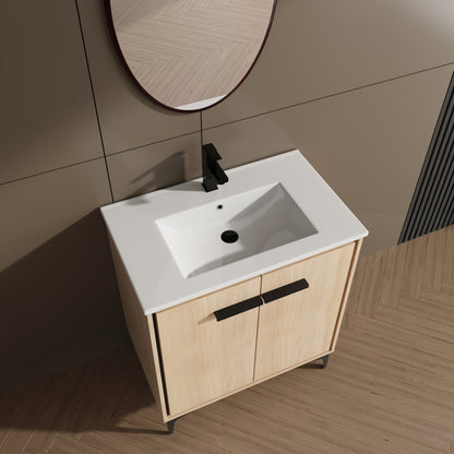 30-Inch Oak Bathroom Vanity Base with Ceramic Basin and Double Door Storage Cabinet